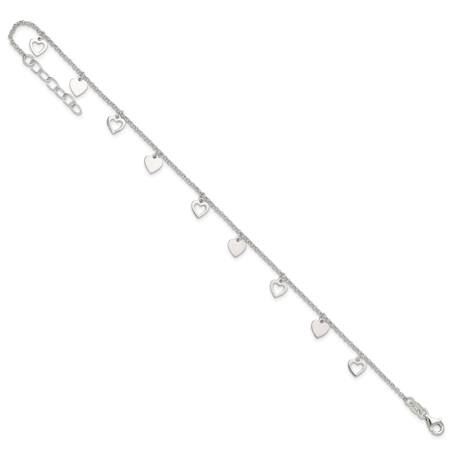 Sterling Silver Double Heart 9 inch Plus 1 inch Extender - Total 10 inch Anklet