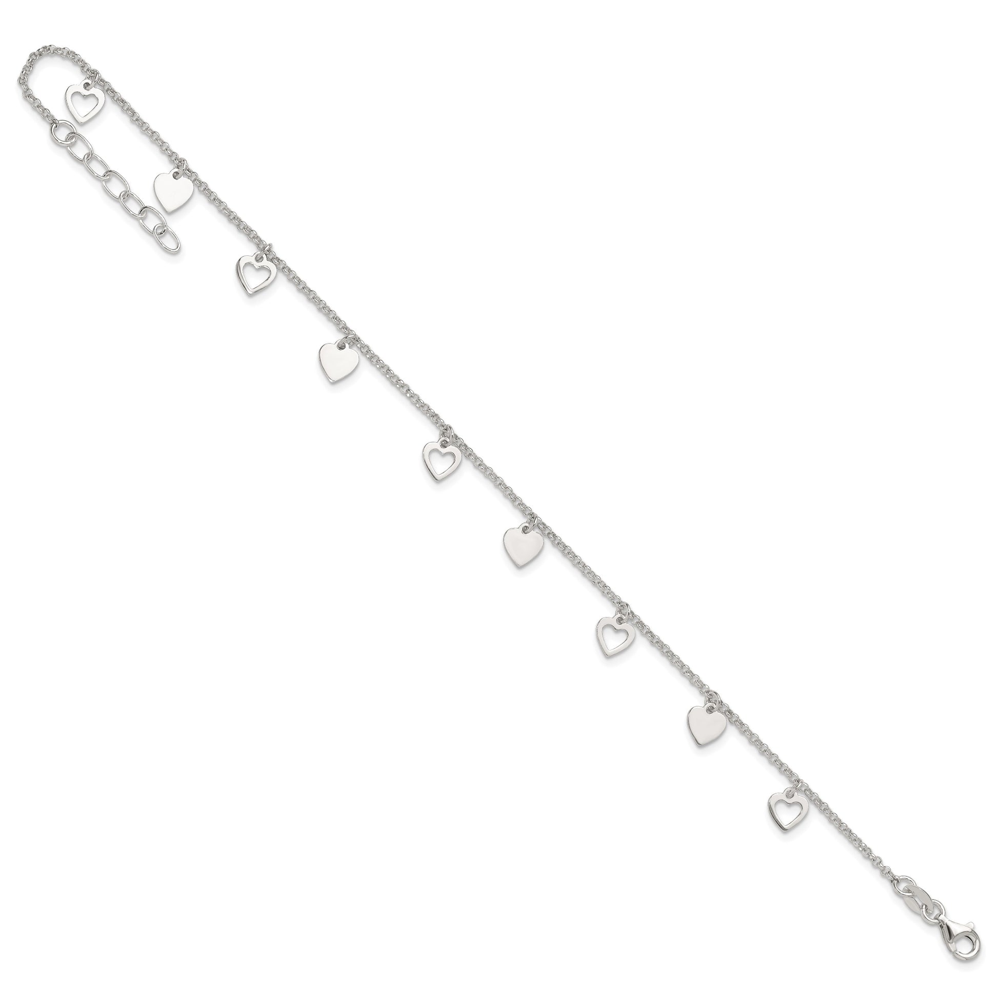 Sterling Silver Double Heart 9 inch Plus 1 inch Extender - Total 10 inch Anklet