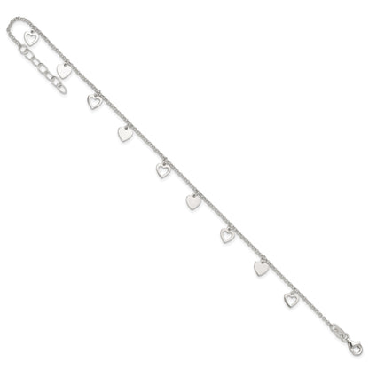 Sterling Silver Double Heart 9 inch Plus 1 inch Extender - Total 10 inch Anklet