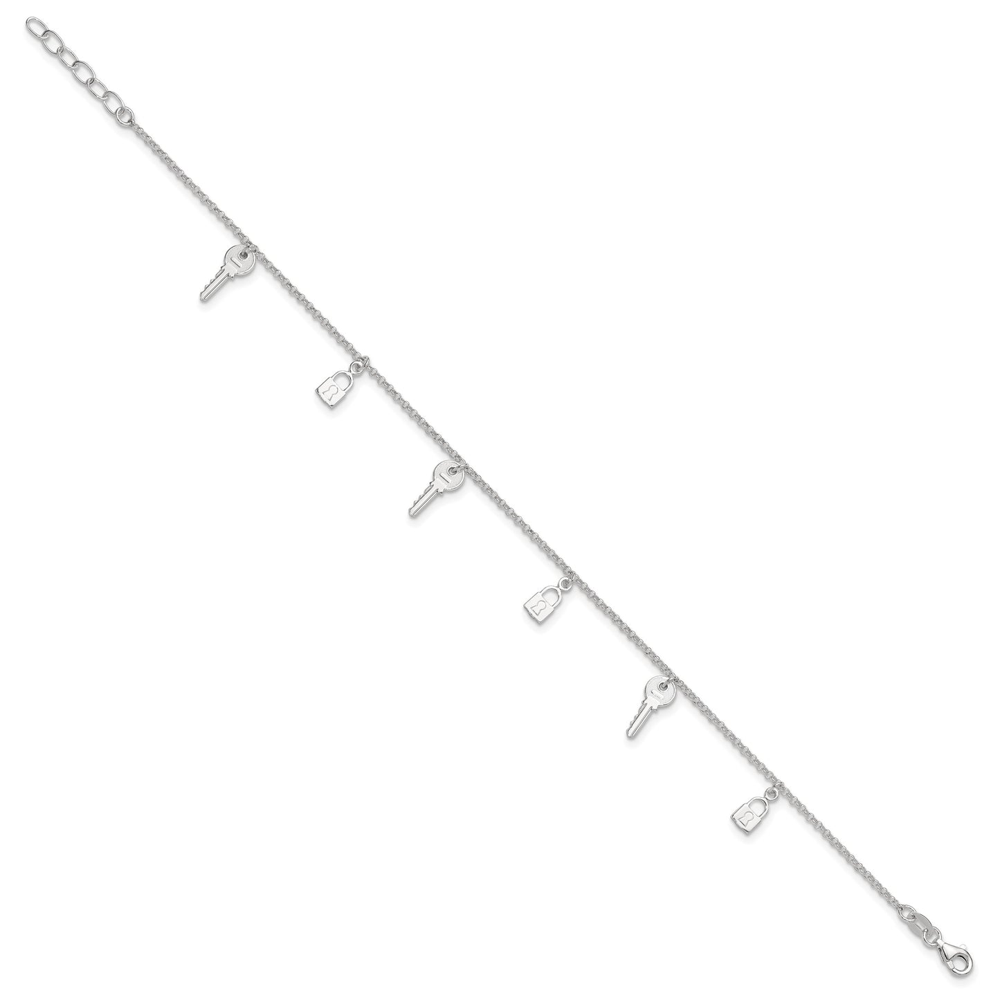 Sterling Silver Lock and Key 9 inch Plus 1 inch Extender - Total 10 inch Anklet