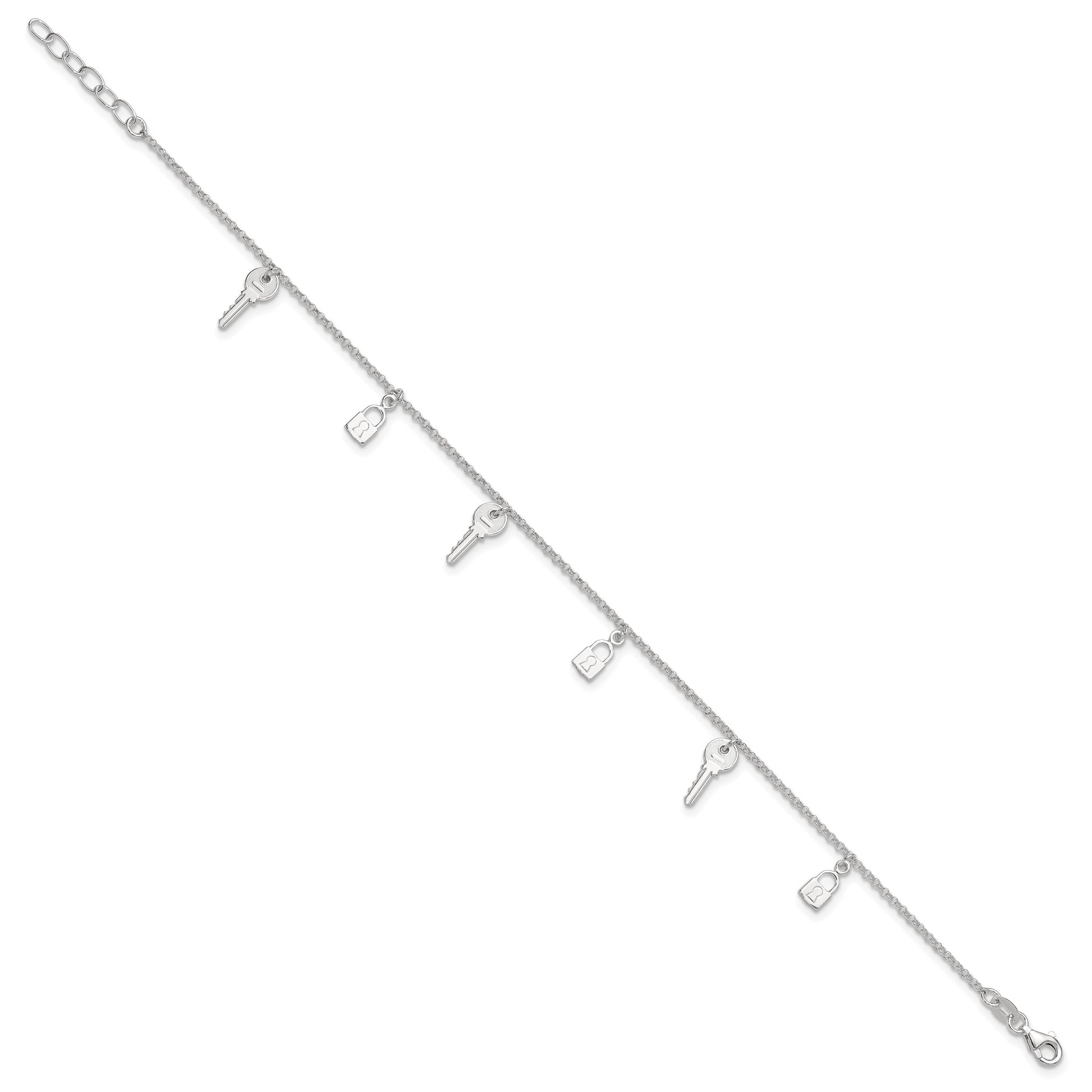 Sterling Silver Lock and Key 9 inch Plus 1 inch Extender - Total 10 inch Anklet