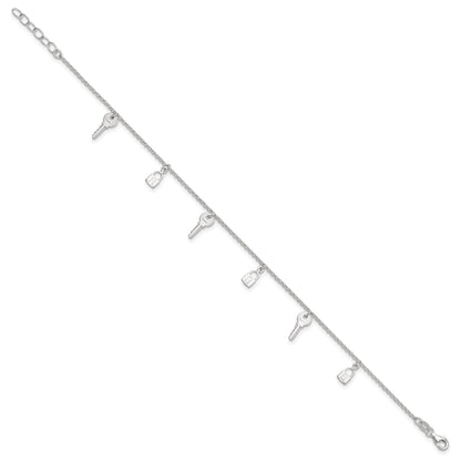 Sterling Silver Lock and Key 9 inch Plus 1 inch Extender - Total 10 inch Anklet