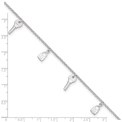 Sterling Silver Lock and Key 9 inch Plus 1 inch Extender - Total 10 inch Anklet