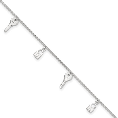 Sterling Silver Lock and Key 9 inch Plus 1 inch Extender - Total 10 inch Anklet