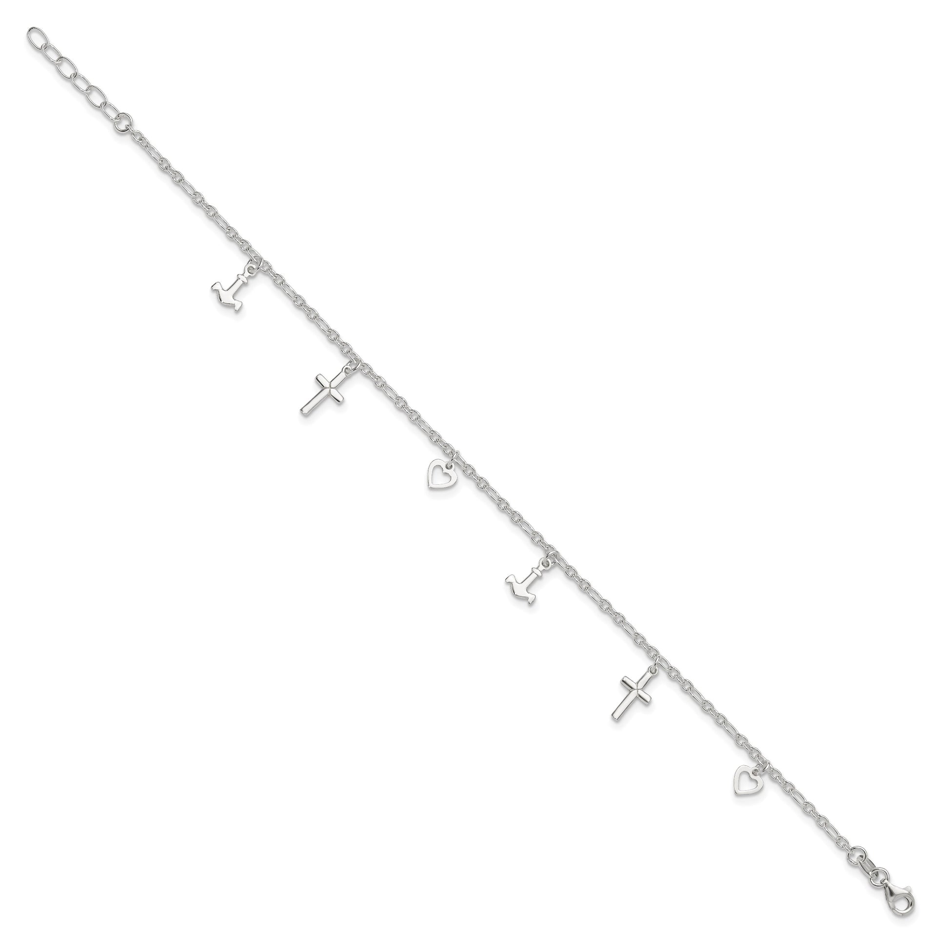 Sterling Silver Cross/Heart/Anchor 10 inch Plus 1 inch Extender - Total 11 inch Anklet