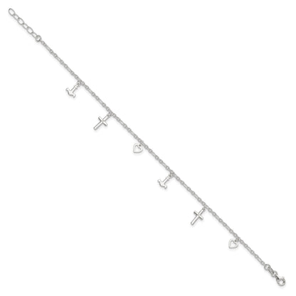 Sterling Silver Cross/Heart/Anchor 10 inch Plus 1 inch Extender - Total 11 inch Anklet