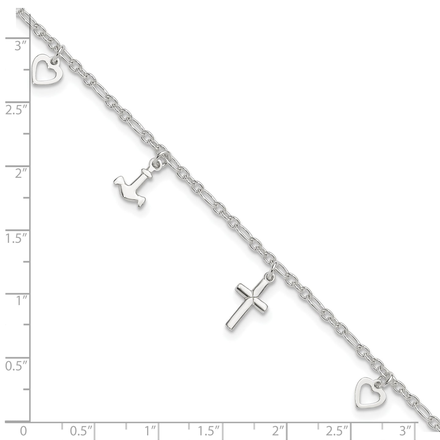 Sterling Silver Cross/Heart/Anchor 9 inch Plus 1 inch Extender - Total 10 inch Anklet