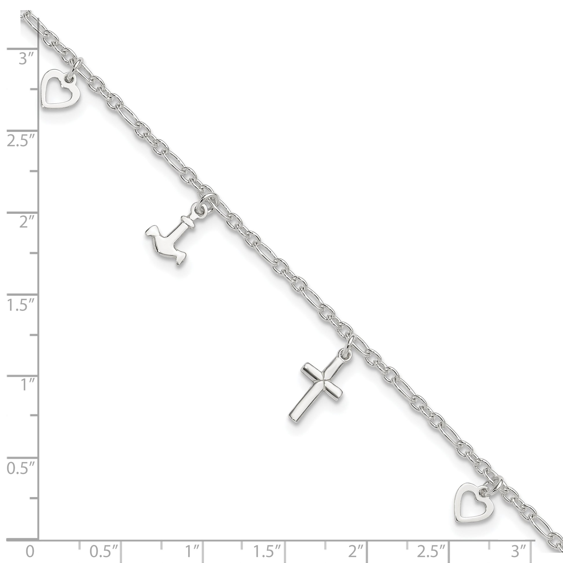 Sterling Silver Cross/Heart/Anchor 9 inch Plus 1 inch Extender - Total 10 inch Anklet