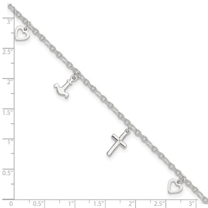Sterling Silver Cross/Heart/Anchor 9 inch Plus 1 inch Extender - Total 10 inch Anklet