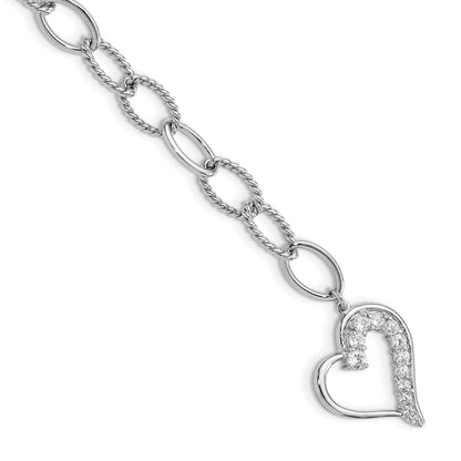 Sterling Silver Rhodium-plated Journey Heart CZ Dangle Bracelet