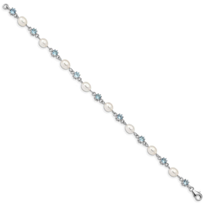 Sterling Silver Rhodium Blue CZ FW Cultured Pearl Bracelet
