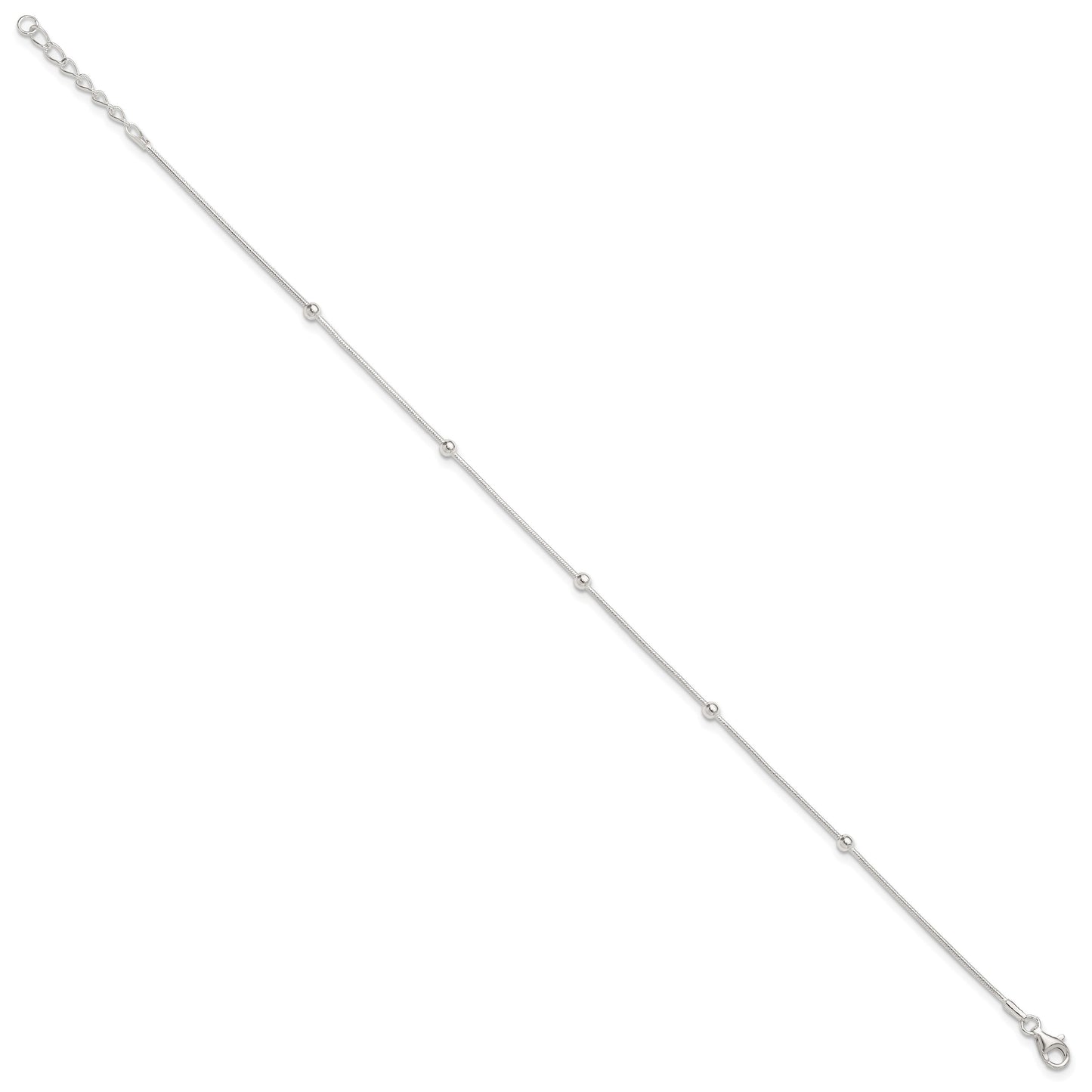 Sterling Silver Beads 5-Station 9 inch Plus 1.5 inch Extender - Total 10.5 inch Anklet