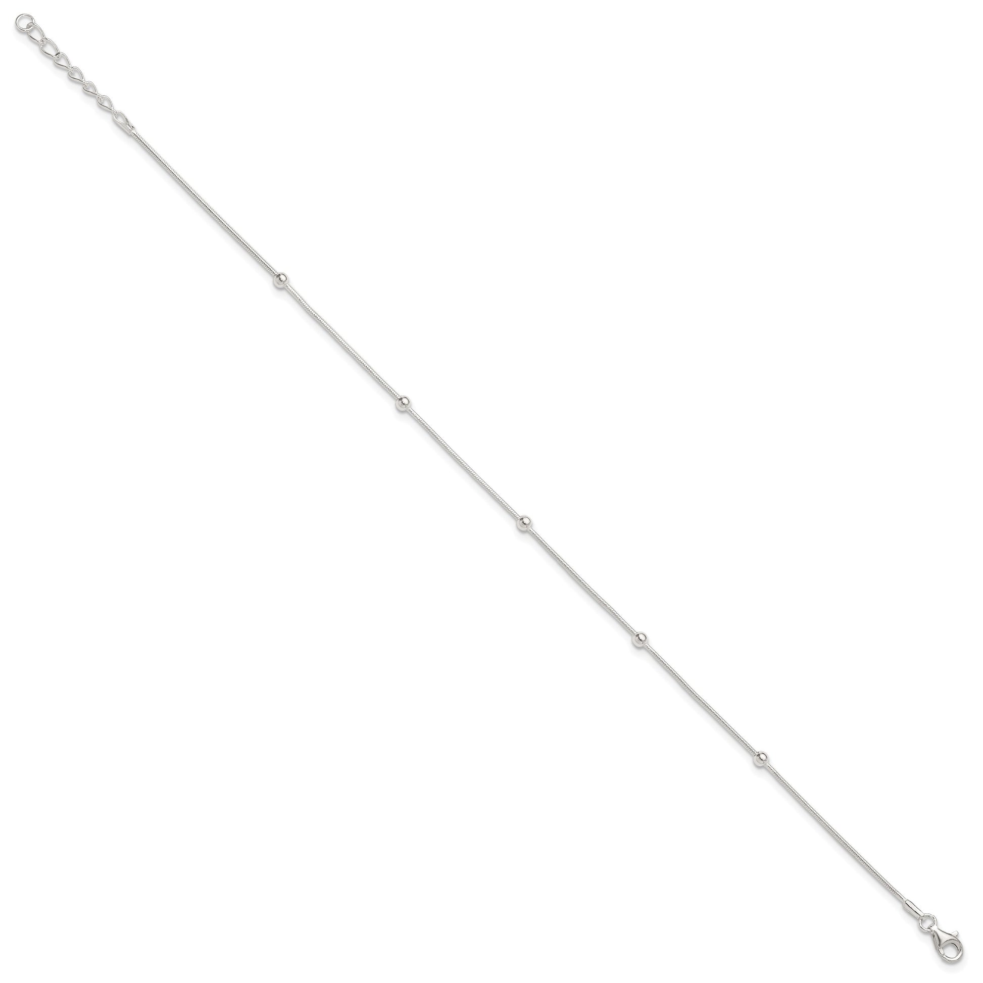 Sterling Silver Beads 5-Station 9 inch Plus 1.5 inch Extender - Total 10.5 inch Anklet