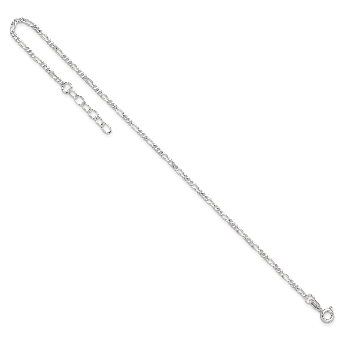Sterling Silver Figaro Chain 9 inch Plus 1 inch Extender - Total 10 inch Anklet