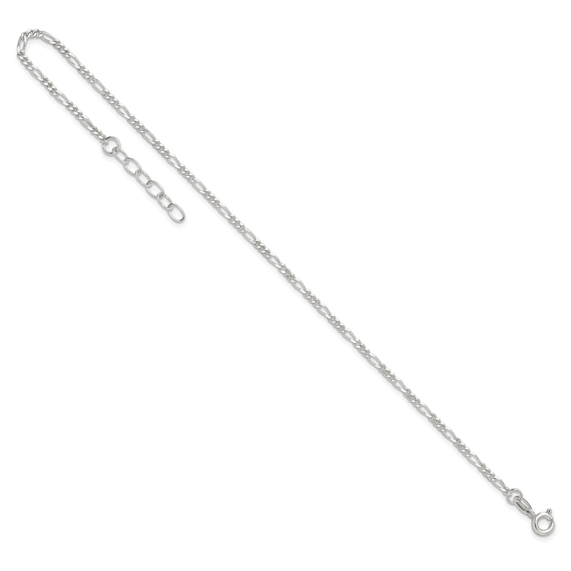 Sterling Silver Figaro Chain 9 inch Plus 1 inch Extender - Total 10 inch Anklet
