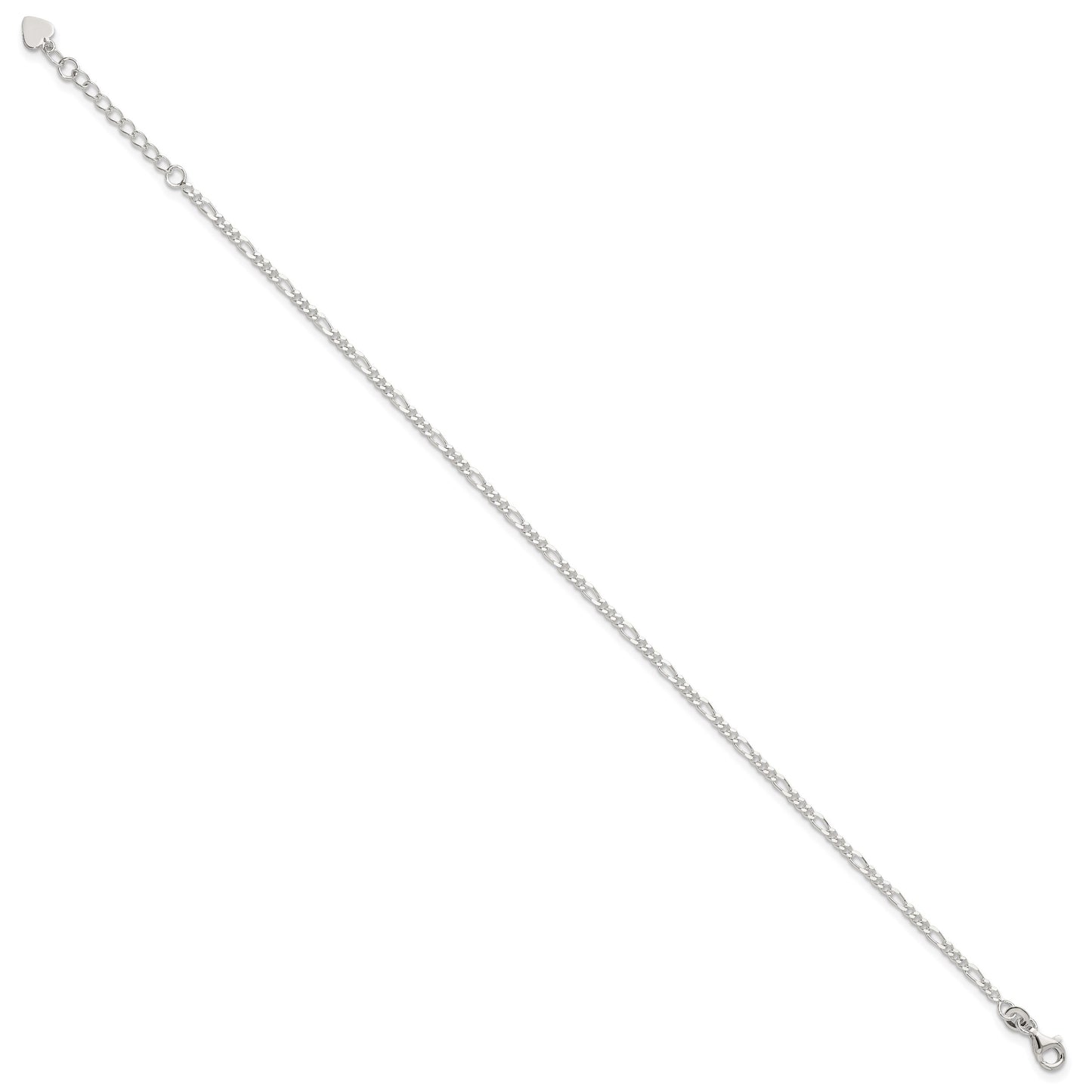Sterling Silver Figaro Chain 9 inch Plus 1 inch Extender - Total 10 inch Anklet