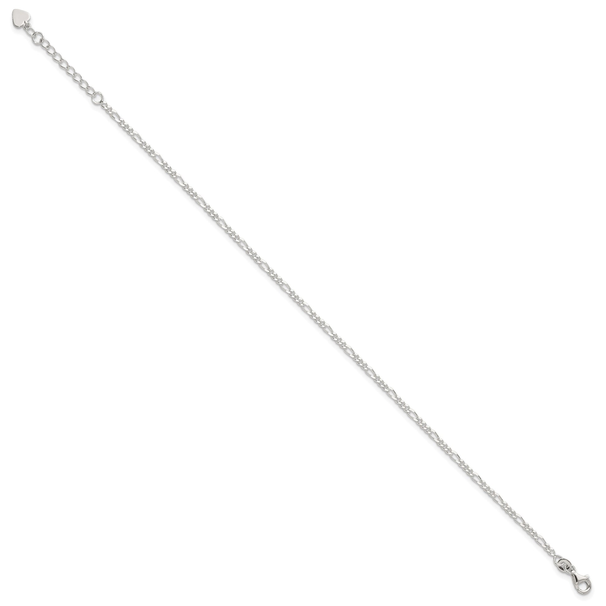 Sterling Silver Figaro Chain 9 inch Plus 1 inch Extender - Total 10 inch Anklet