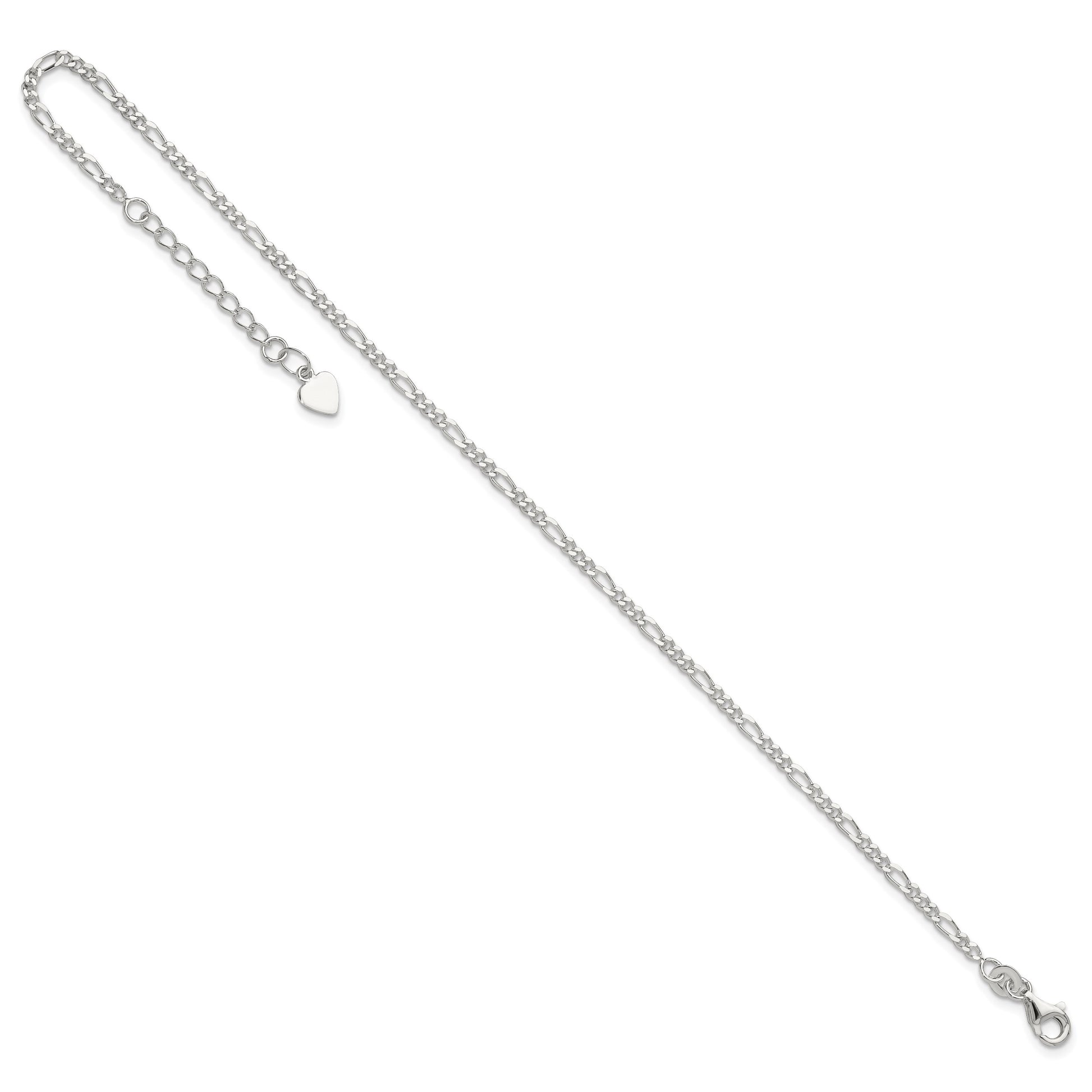 Sterling Silver Figaro Chain 9 inch Plus 1 inch Extender - Total 10 inch Anklet