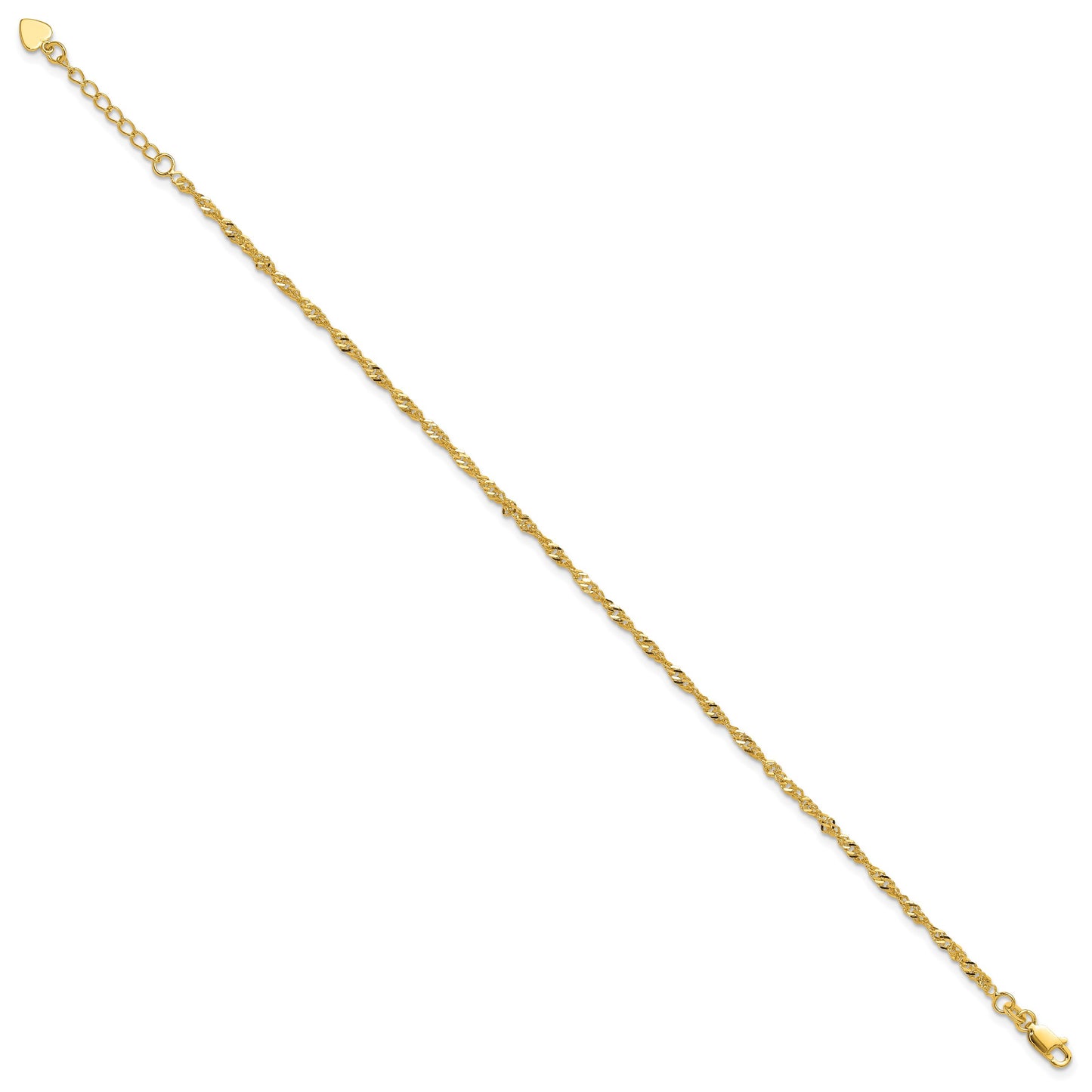 Sterling Silver Gold-tone 3mm Singapore Chain 9 inch Plus 1 inch Extender - Total 10 inch Anklet