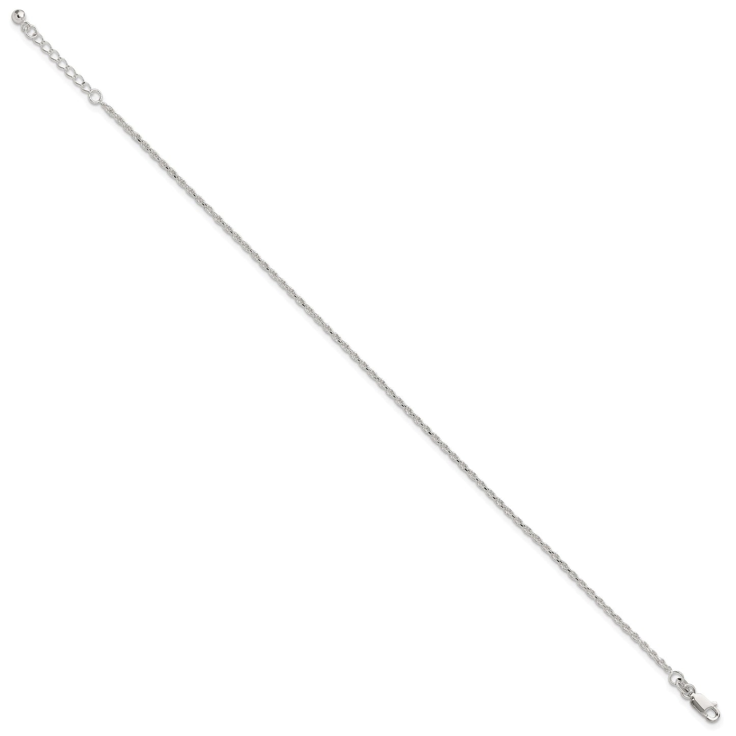 Sterling Silver 2mm Rope Chain 10 inch Plus 1 inch Extender - Total 11 inch Anklet