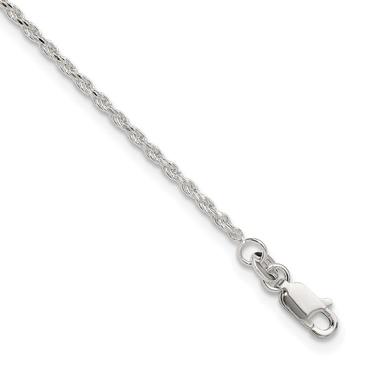 Sterling Silver 2mm Rope Chain 9 inch Plus 1 inch Extender - Total 10 inch Anklet