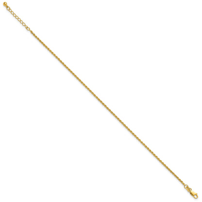 Sterling Silver Gold-tone 2mm Rope Chain 9 inch Plus 1 inch Extender - Total 10 inch Anklet