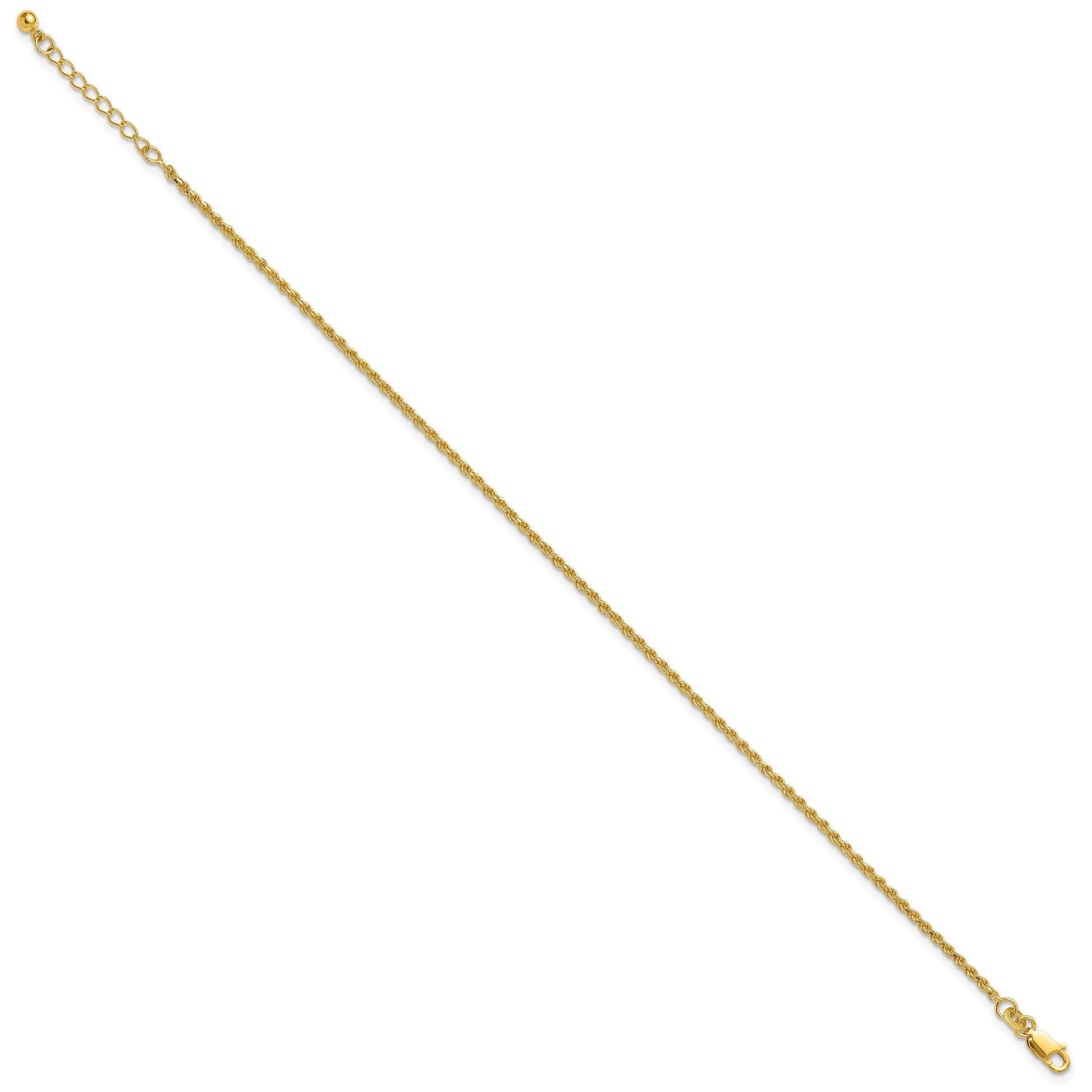 Sterling Silver Gold-tone 2mm Rope Chain 9 inch Plus 1 inch Extender - Total 10 inch Anklet