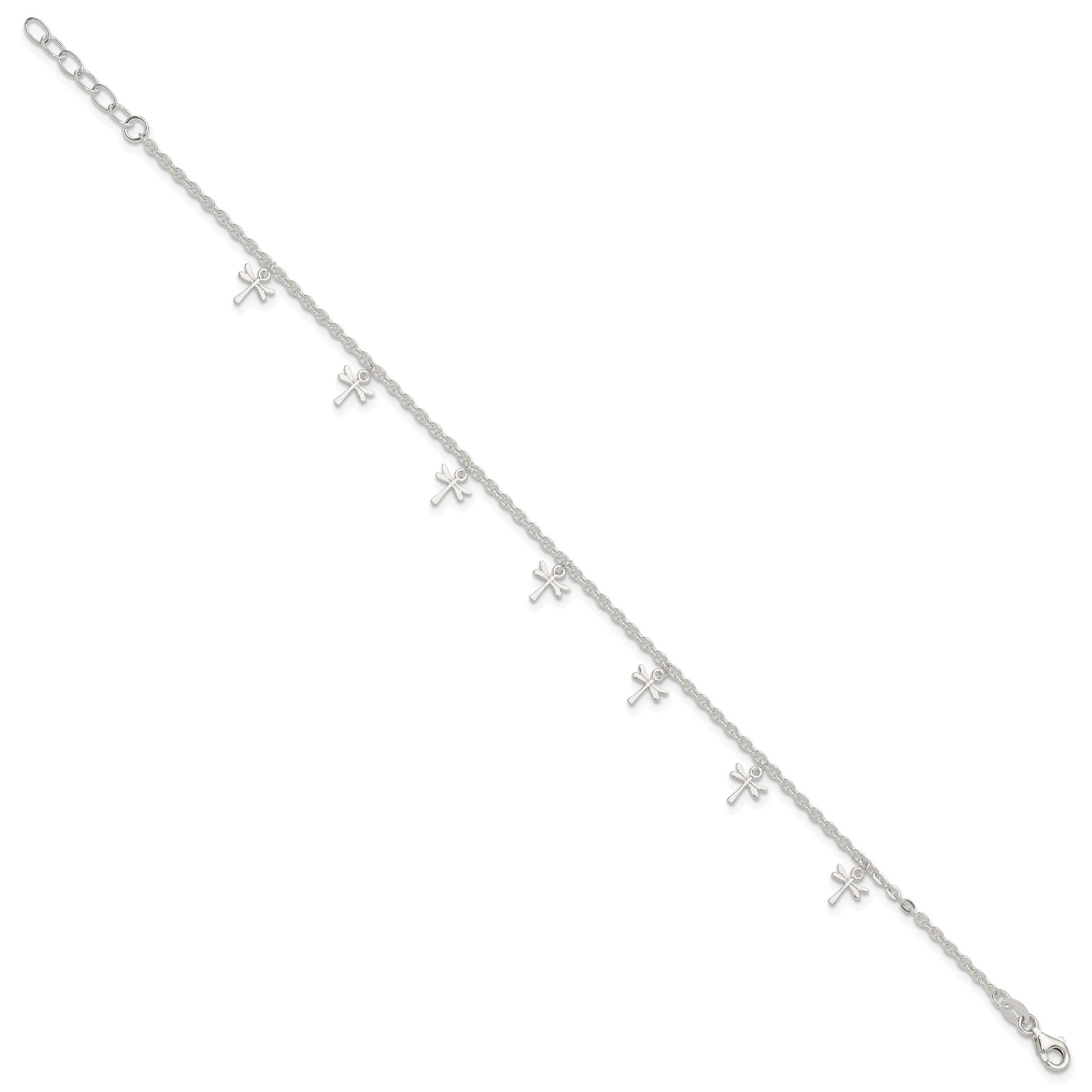 Sterling Silver Dragonfly Charms 9 inch Plus 1 inch Extender - Total 10 inch Anklet