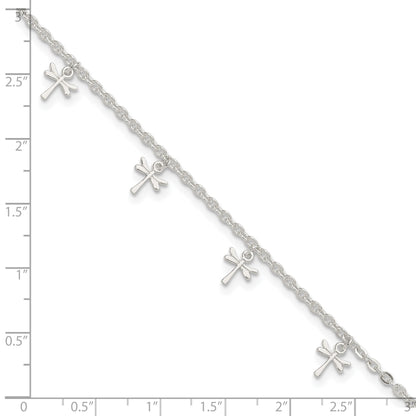 Sterling Silver Dragonfly Charms 9 inch Plus 1 inch Extender - Total 10 inch Anklet