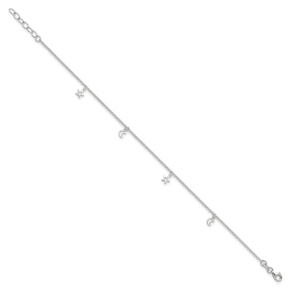 Sterling Silver Moon and Stars 9 inch Plus 1 inch Extender - Total 10 inch Anklet