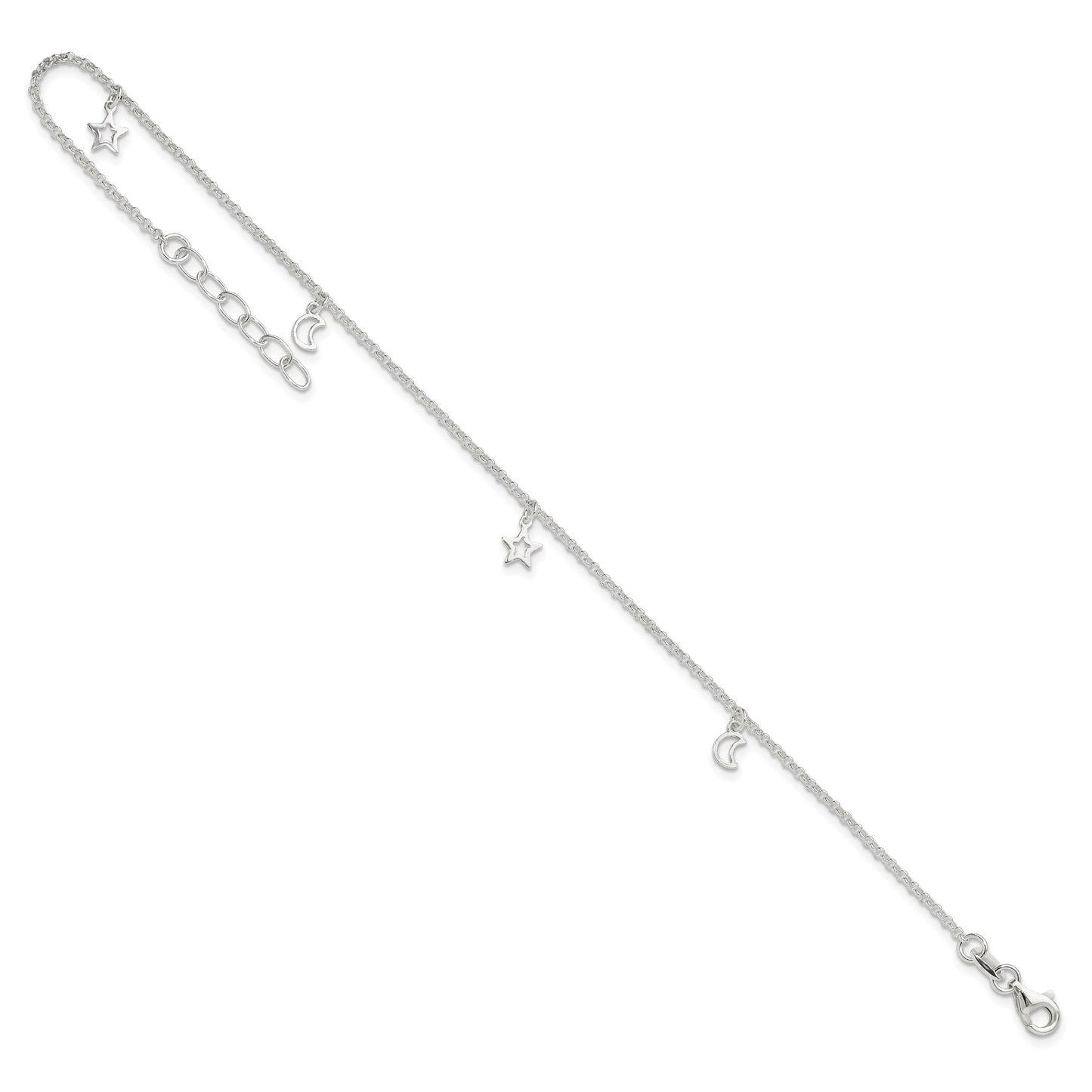 Sterling Silver Moon and Stars 9 inch Plus 1 inch Extender - Total 10 inch Anklet