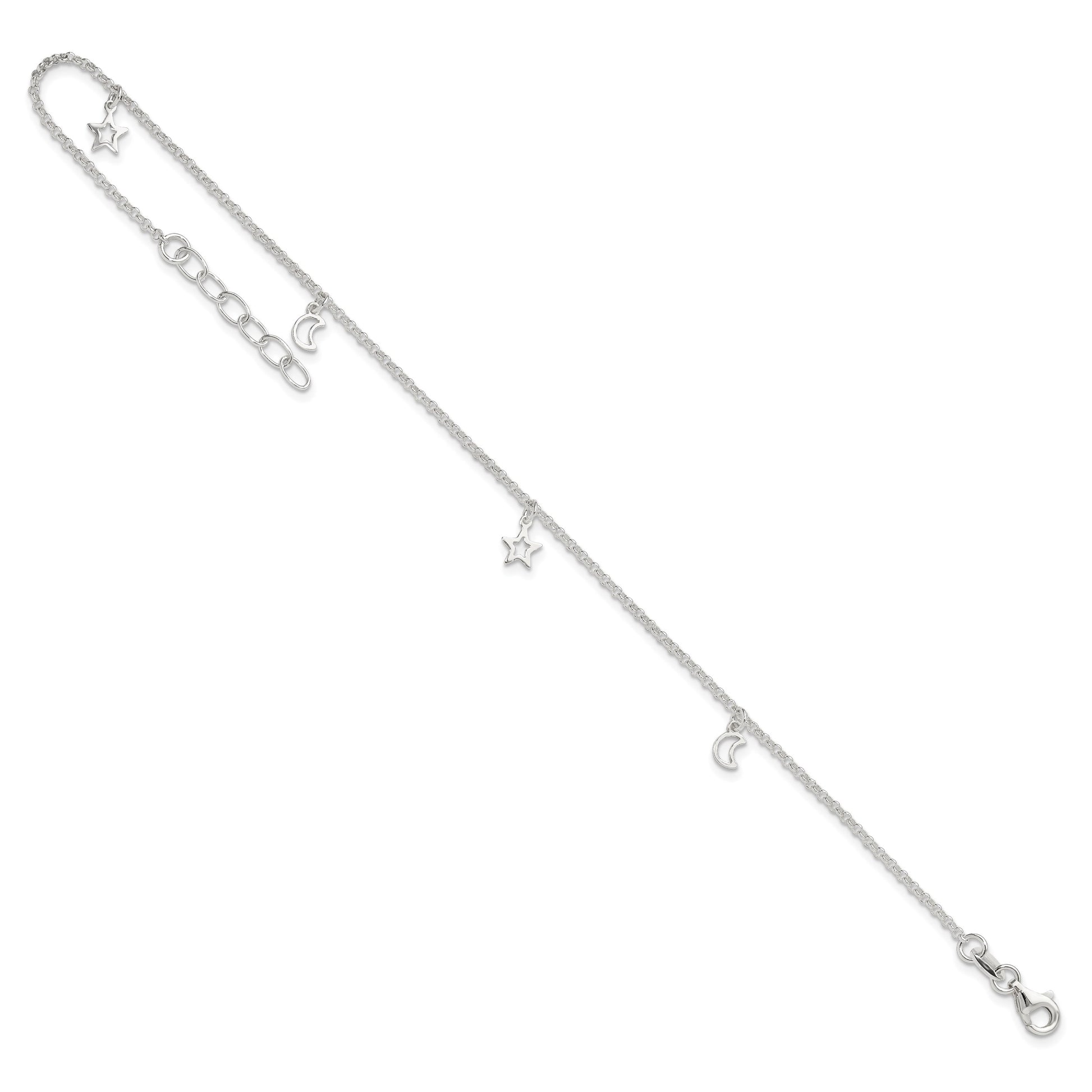 Sterling Silver Moon and Stars 9 inch Plus 1 inch Extender - Total 10 inch Anklet