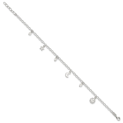 Sterling Silver Sun/Moon/Star/Crystal 9 inch Plus 1 inch Extender - Total 10 inch Anklet