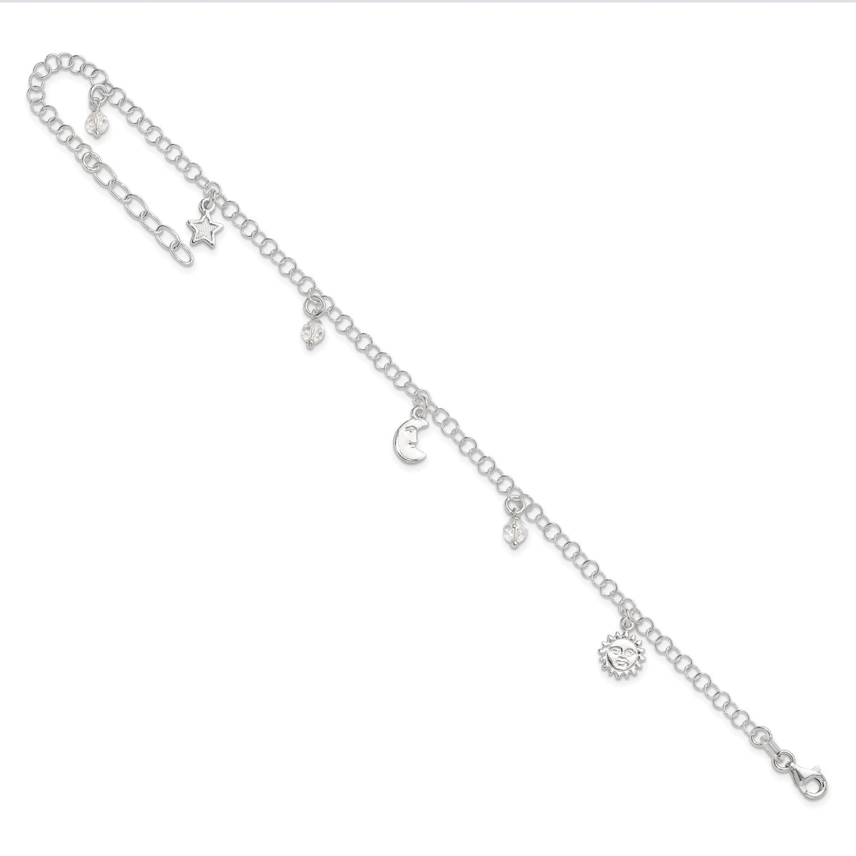 Sterling Silver Sun/Moon/Star/Crystal 9 inch Plus 1 inch Extender - Total 10 inch Anklet
