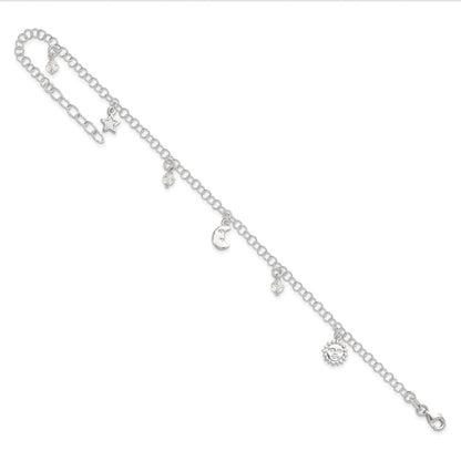 Sterling Silver Sun/Moon/Star/Crystal 9 inch Plus 1 inch Extender - Total 10 inch Anklet