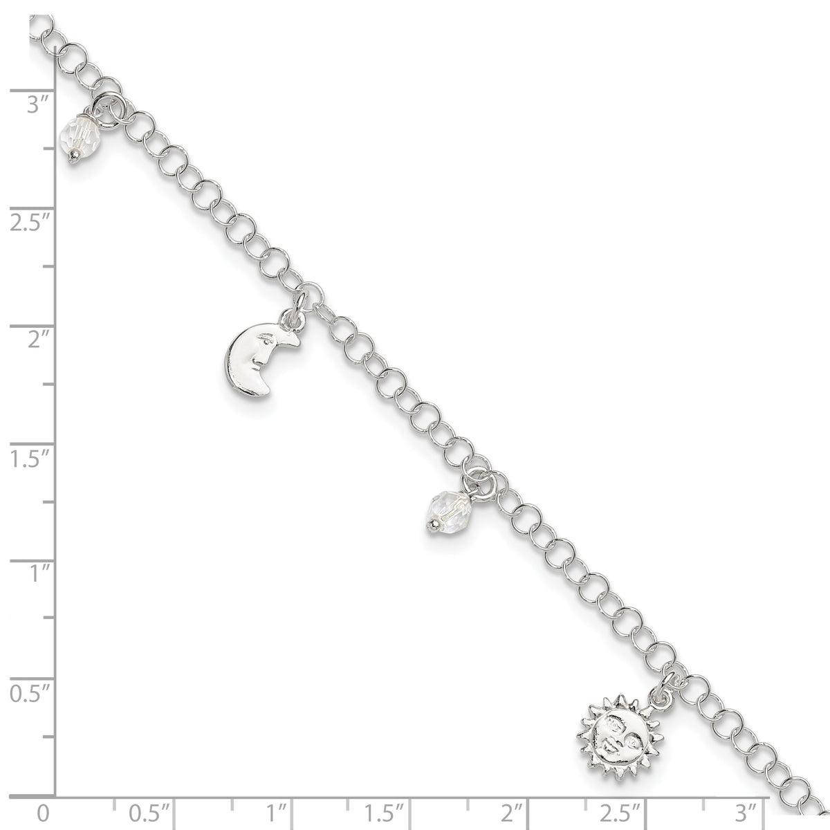 Sterling Silver Sun/Moon/Star/Crystal 9 inch Plus 1 inch Extender - Total 10 inch Anklet