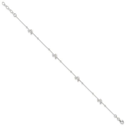 Sterling Silver Dolphins and Beads 4-Station 9 inch Plus 1 inch Extender - Total 10 inch Anklet
