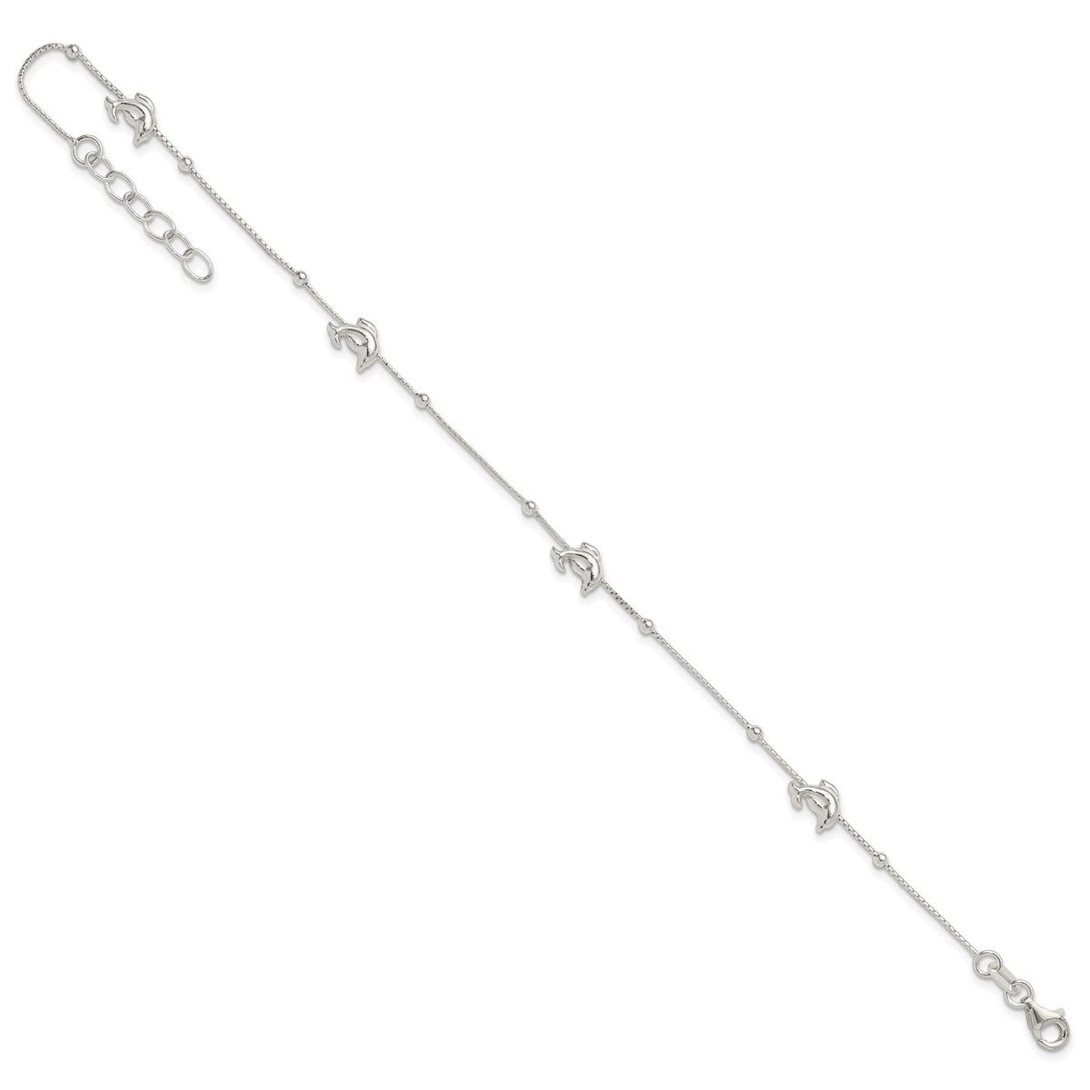 Sterling Silver Dolphins and Beads 4-Station 9 inch Plus 1 inch Extender - Total 10 inch Anklet