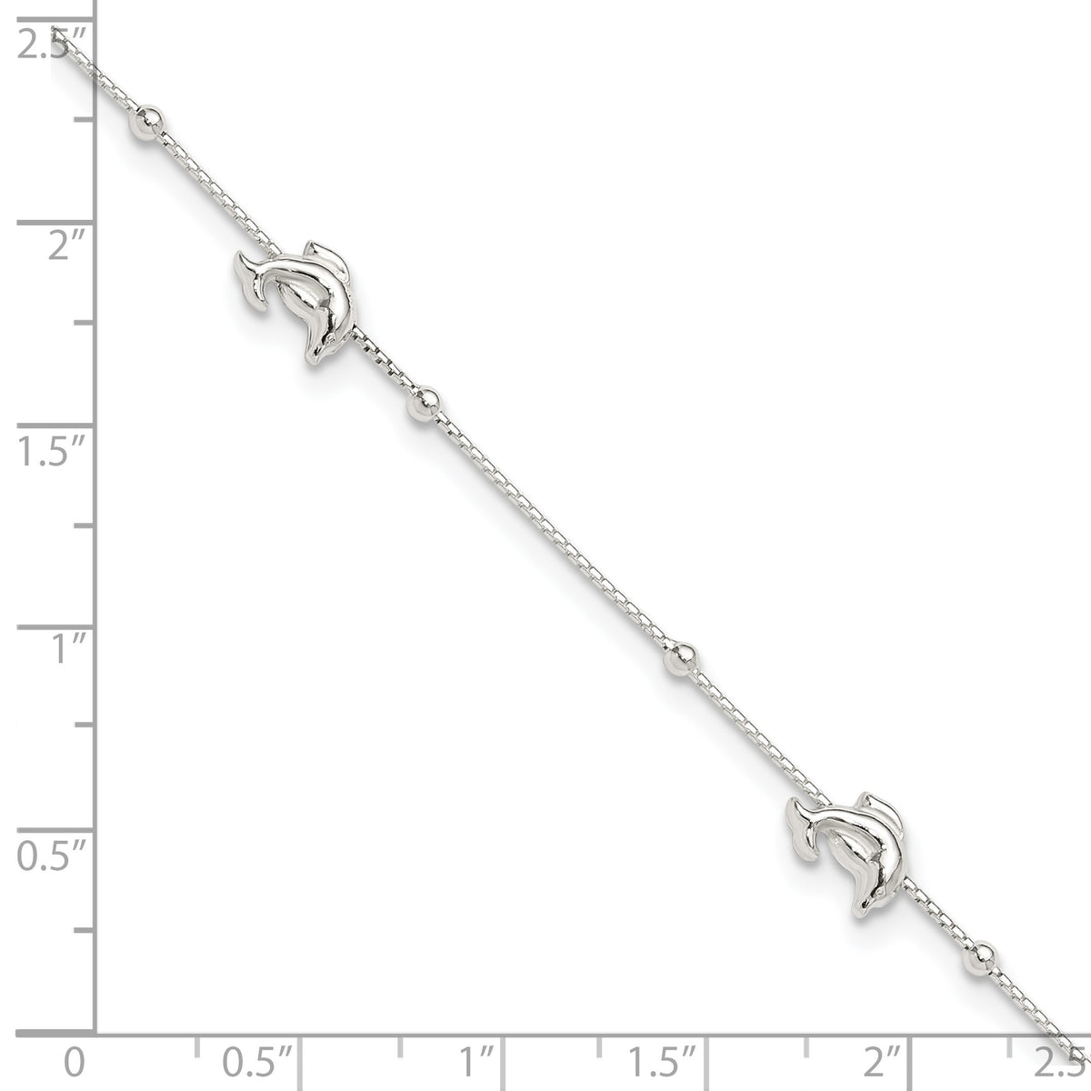 Sterling Silver Dolphins and Beads 4-Station 9 inch Plus 1 inch Extender - Total 10 inch Anklet