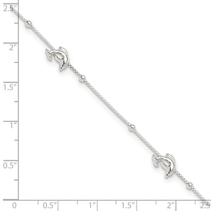 Sterling Silver Dolphins and Beads 4-Station 9 inch Plus 1 inch Extender - Total 10 inch Anklet