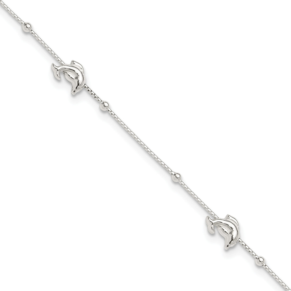 Sterling Silver Dolphins and Beads 4-Station 9 inch Plus 1 inch Extender - Total 10 inch Anklet