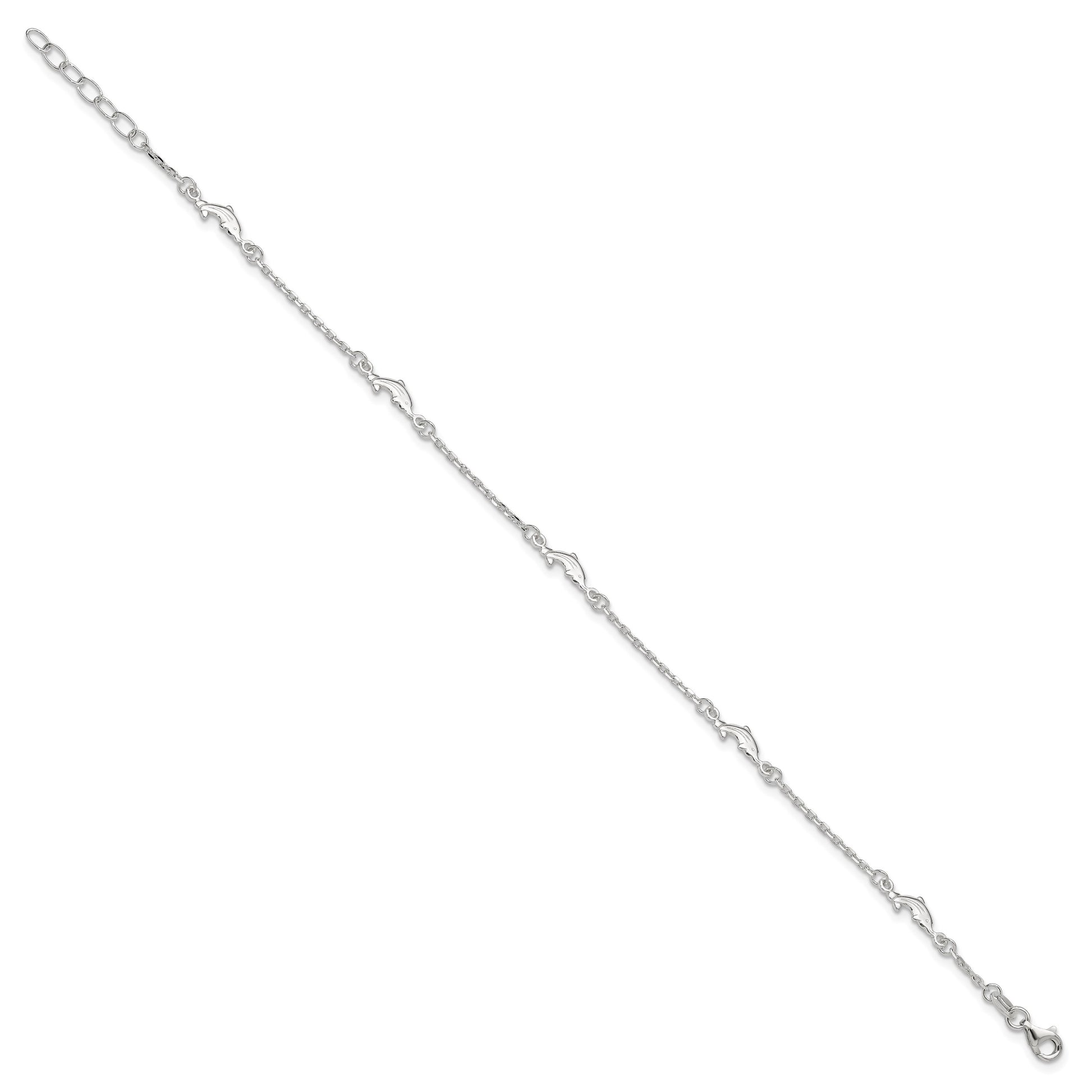 Sterling Silver Dolphin 5-Station 10 inch Plus 1 inch Extender - Total 11 inch Anklet