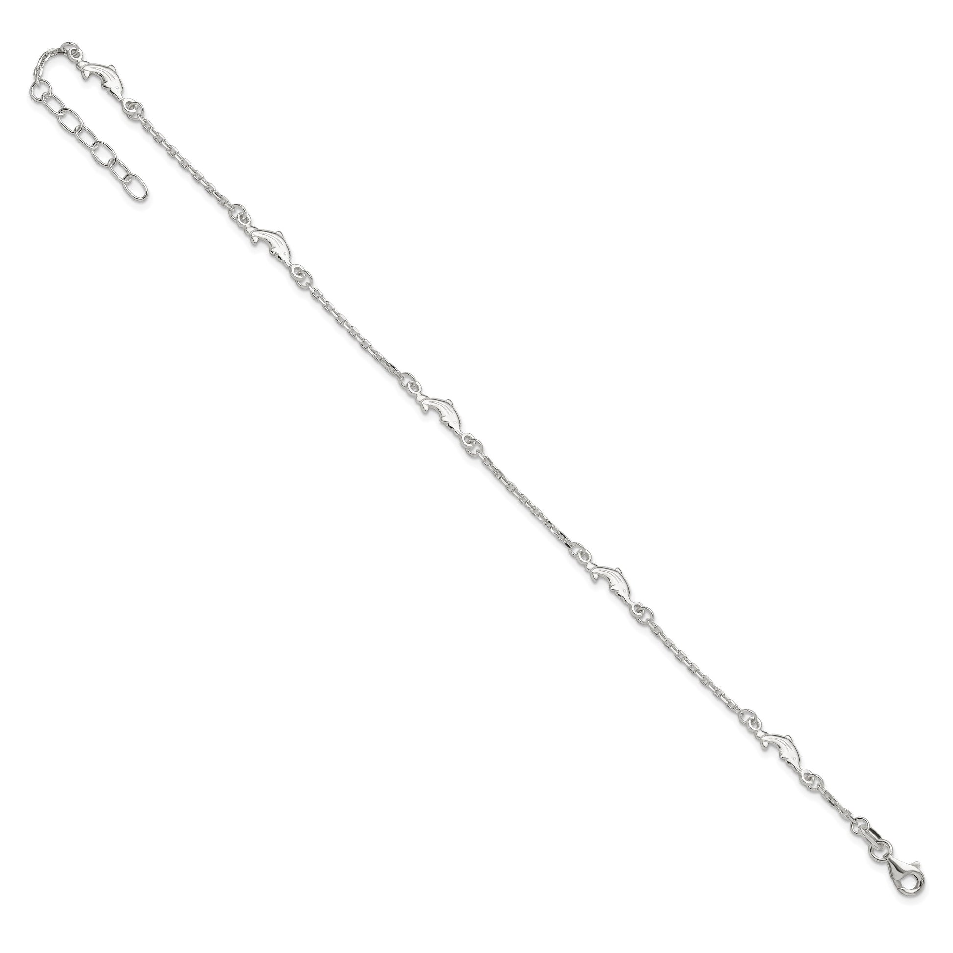Sterling Silver Dolphin 5-Station 9 inch Plus 1 inch Extender - Total 10 inch Anklet