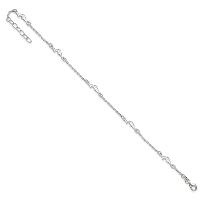 Sterling Silver Dolphin 5-Station 9 inch Plus 1 inch Extender - Total 10 inch Anklet