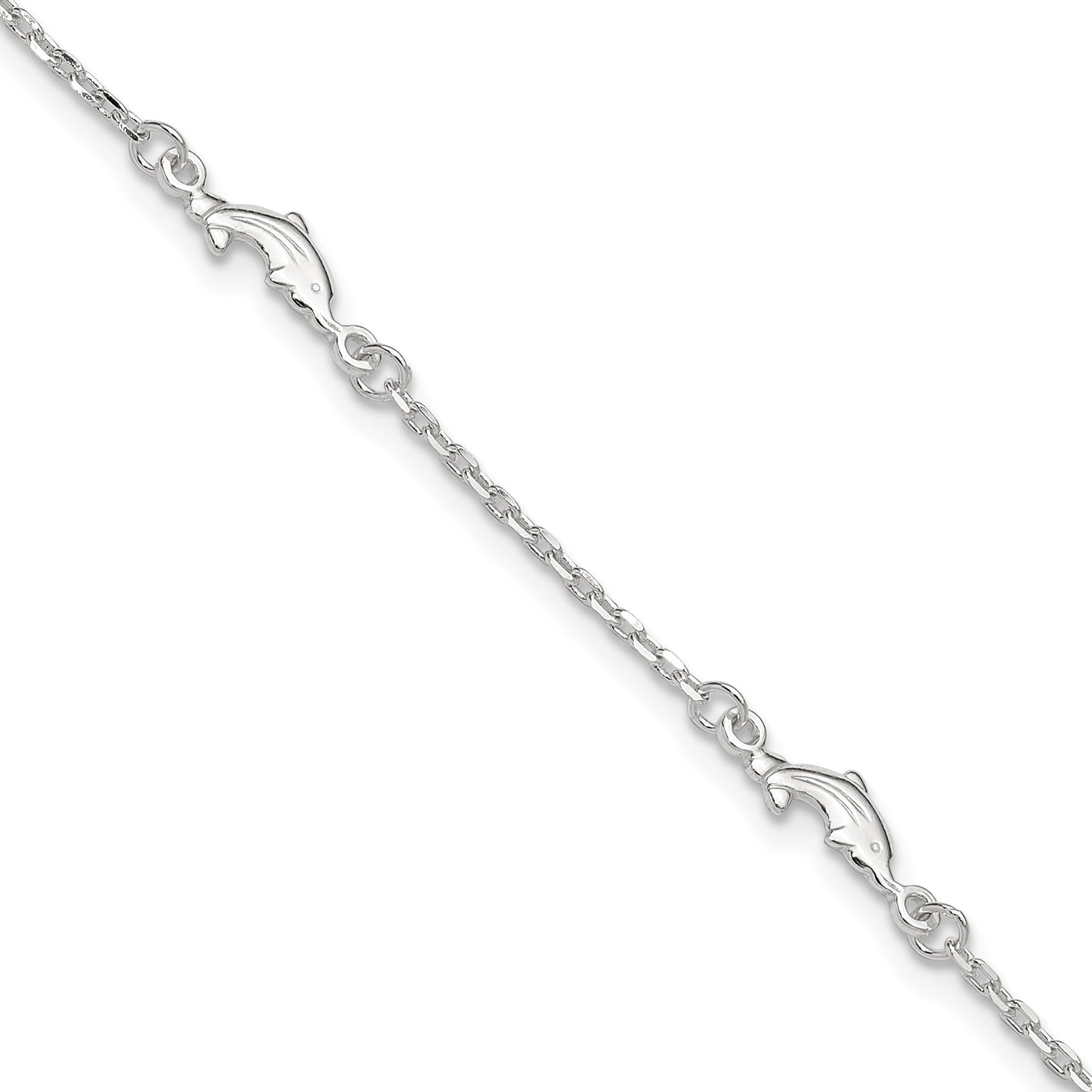 Sterling Silver Dolphin 5-Station 10 inch Plus 1 inch Extender - Total 11 inch Anklet
