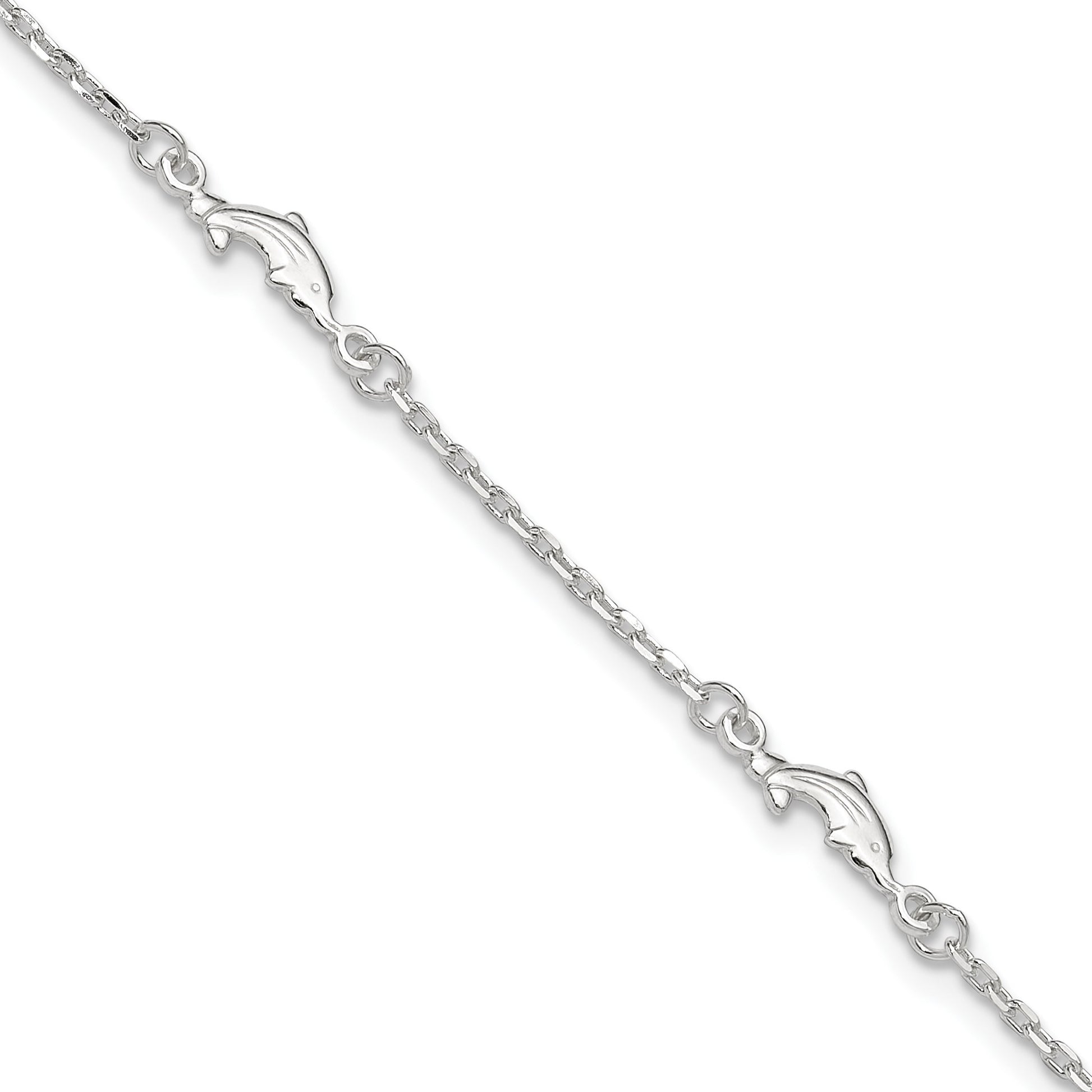 Sterling Silver Dolphin 5-Station 10 inch Plus 1 inch Extender - Total 11 inch Anklet