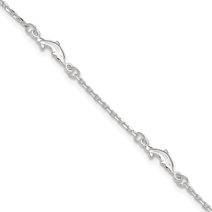 Sterling Silver Dolphin 5-Station 10 inch Plus 1 inch Extender - Total 11 inch Anklet