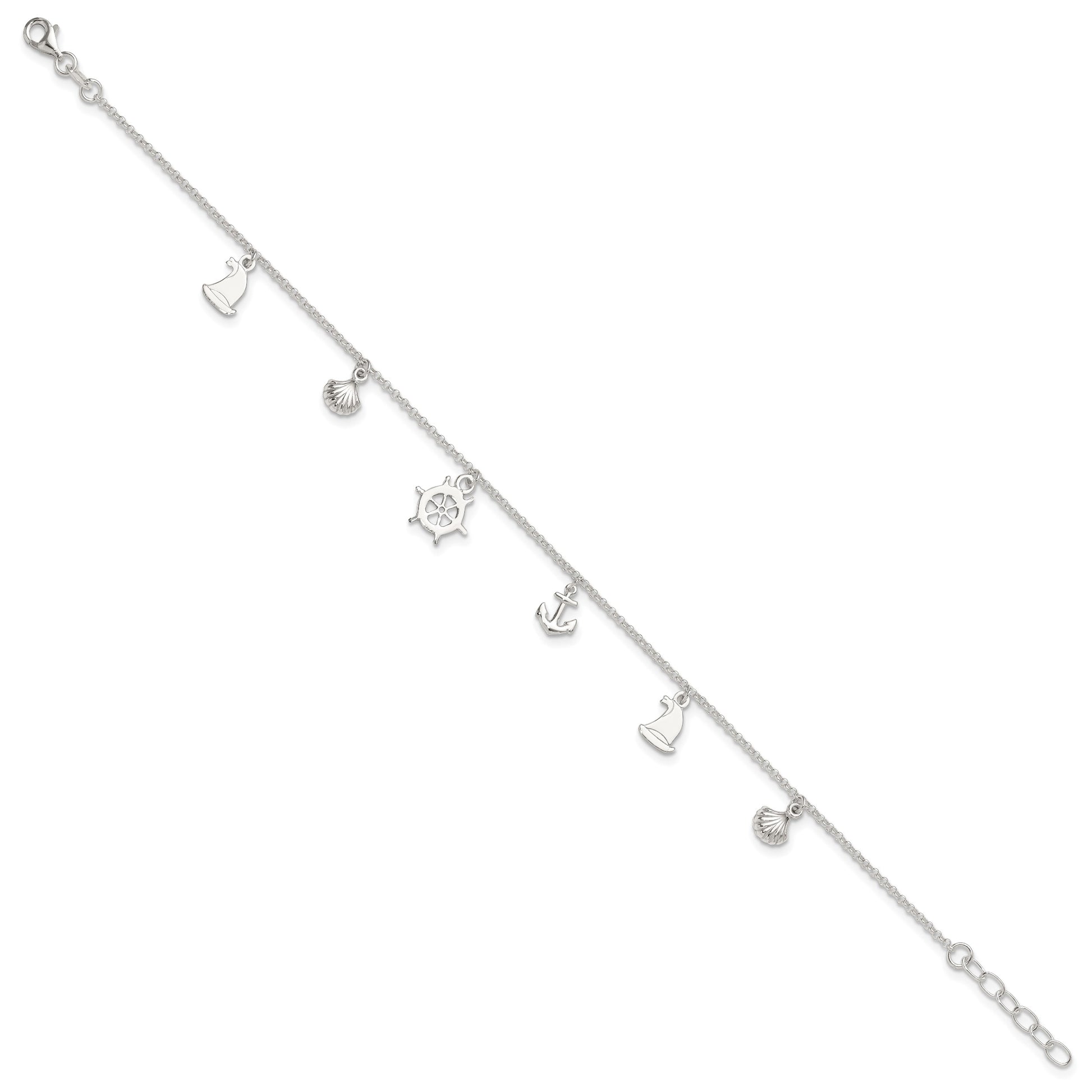 Sterling Silver Ocean Theme Charms 10 inch Plus 1 inch Extender - Total 11 inch Anklet