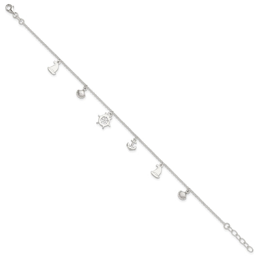 Sterling Silver Ocean Theme Charms 10 inch Plus 1 inch Extender - Total 11 inch Anklet