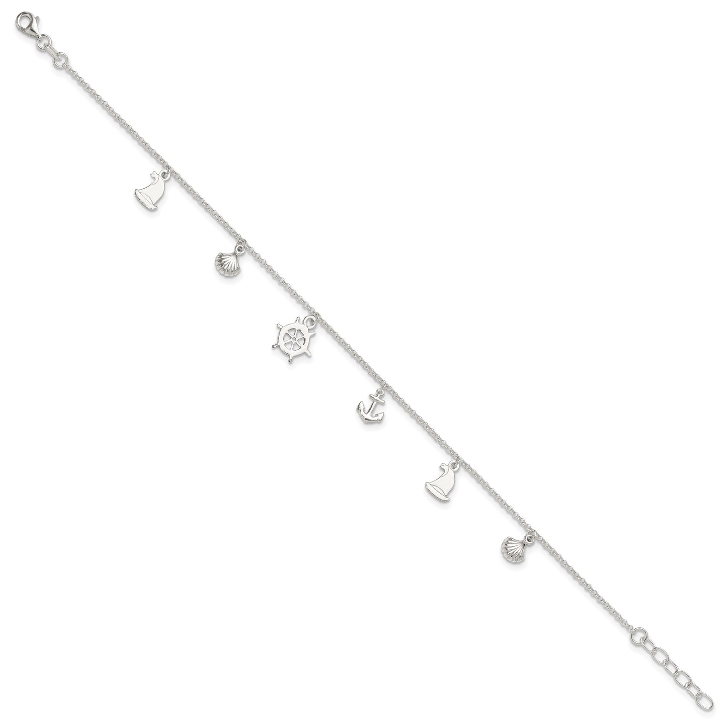Sterling Silver Ocean Theme Charms 9 inch Plus 1 inch Extender - Total 10 inch Anklet